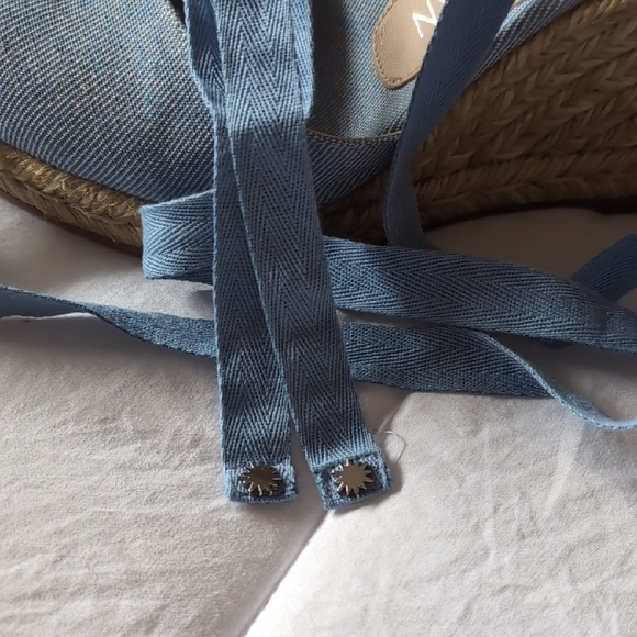 Stuart Weitzman Light Blue Denim Espadrille Wedge Sandals with Ankle Wraps - Picture 3 of 8